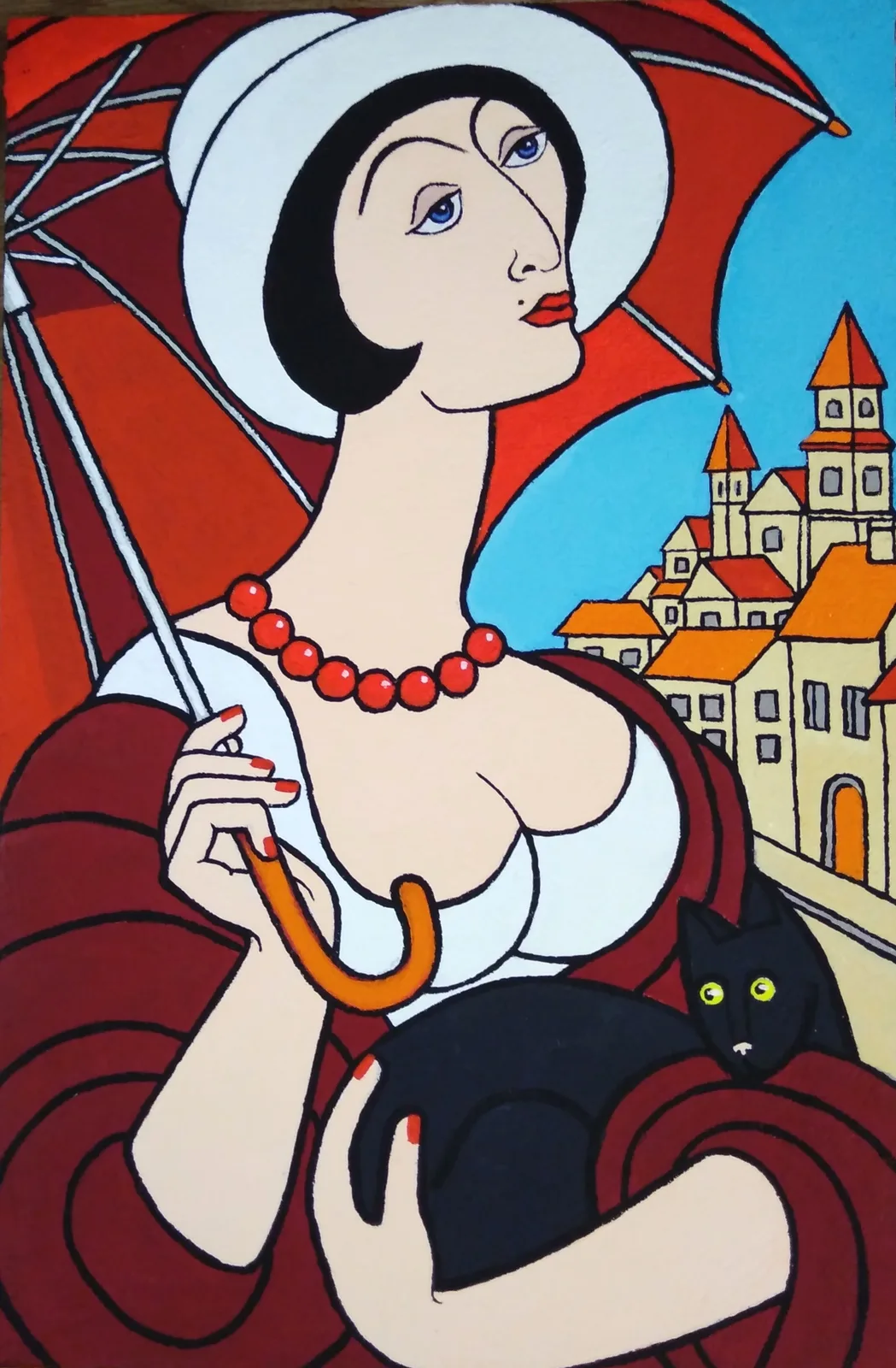 Картина «"Дама с зонтиком и кошкой"» — Елена Бояринцева, Жанровая живопись, аукцион Artstore