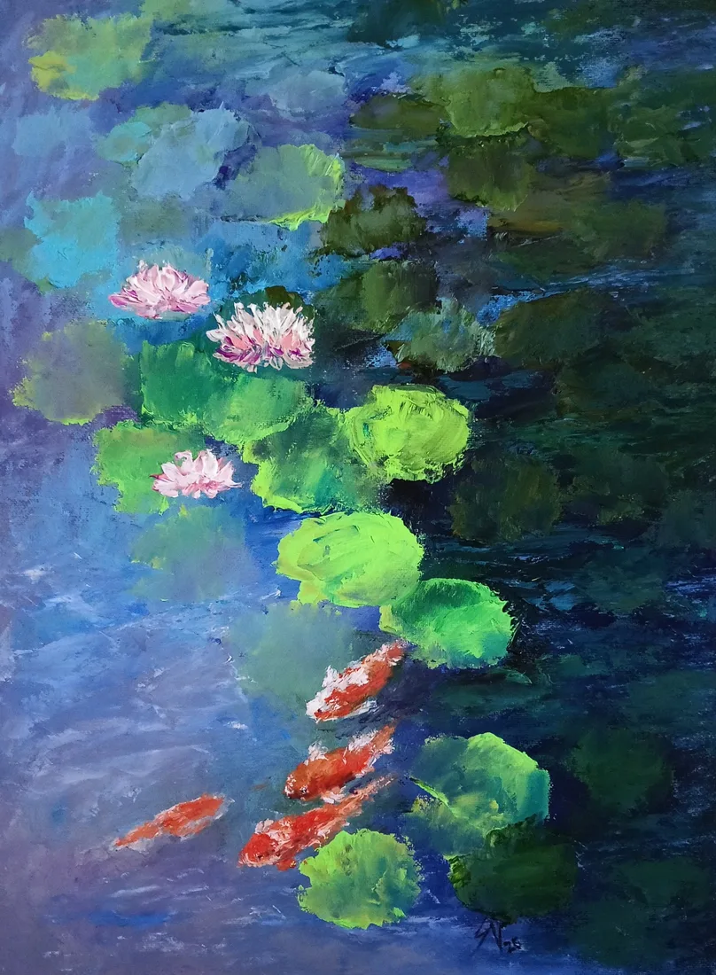 Картина «Кувшинки и рыбки кои» — Светлана Давыдова, Пейзаж, аукцион Artstore