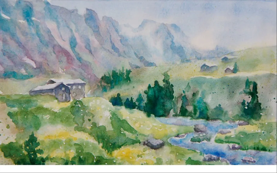 Пейзаж с речкой. Горы.