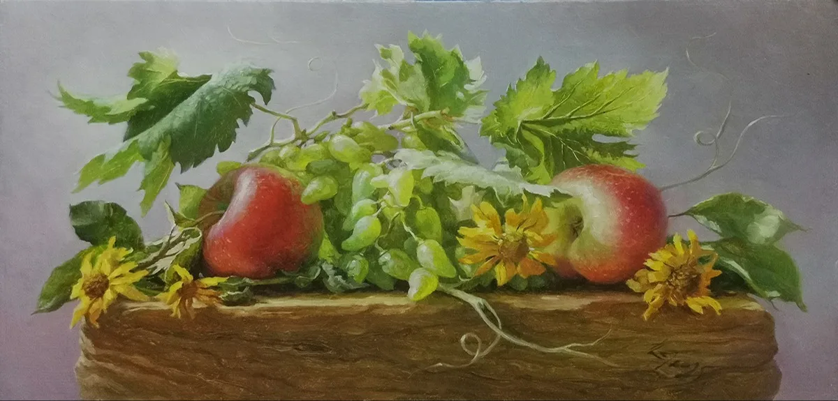 Картина «"Натюрморт с яблоками и виноградом.» — Марина Петухова, Натюрморт, аукцион Artstore
