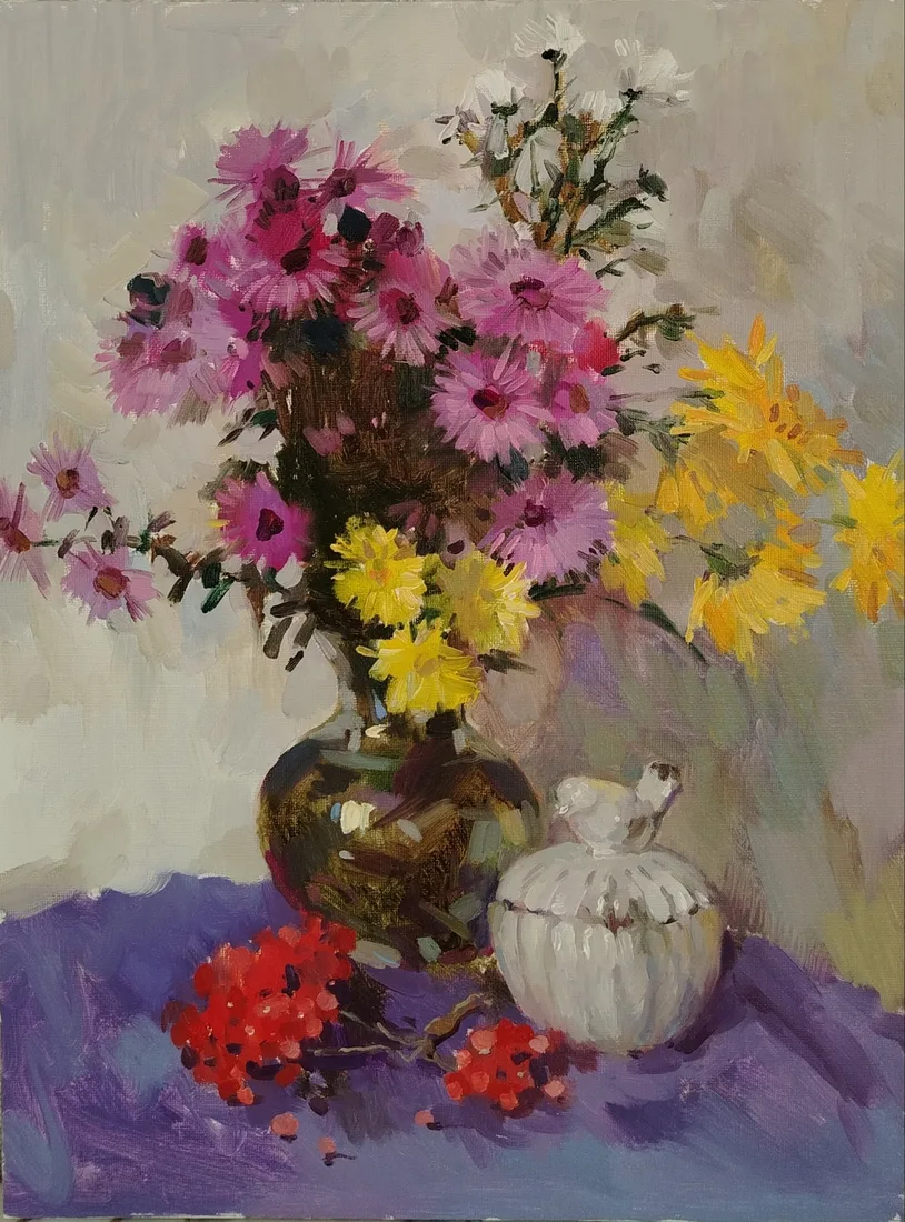 Картина «Хризантемы. Этюд» — Юлия Барсова, Натюрморт, аукцион Artstore