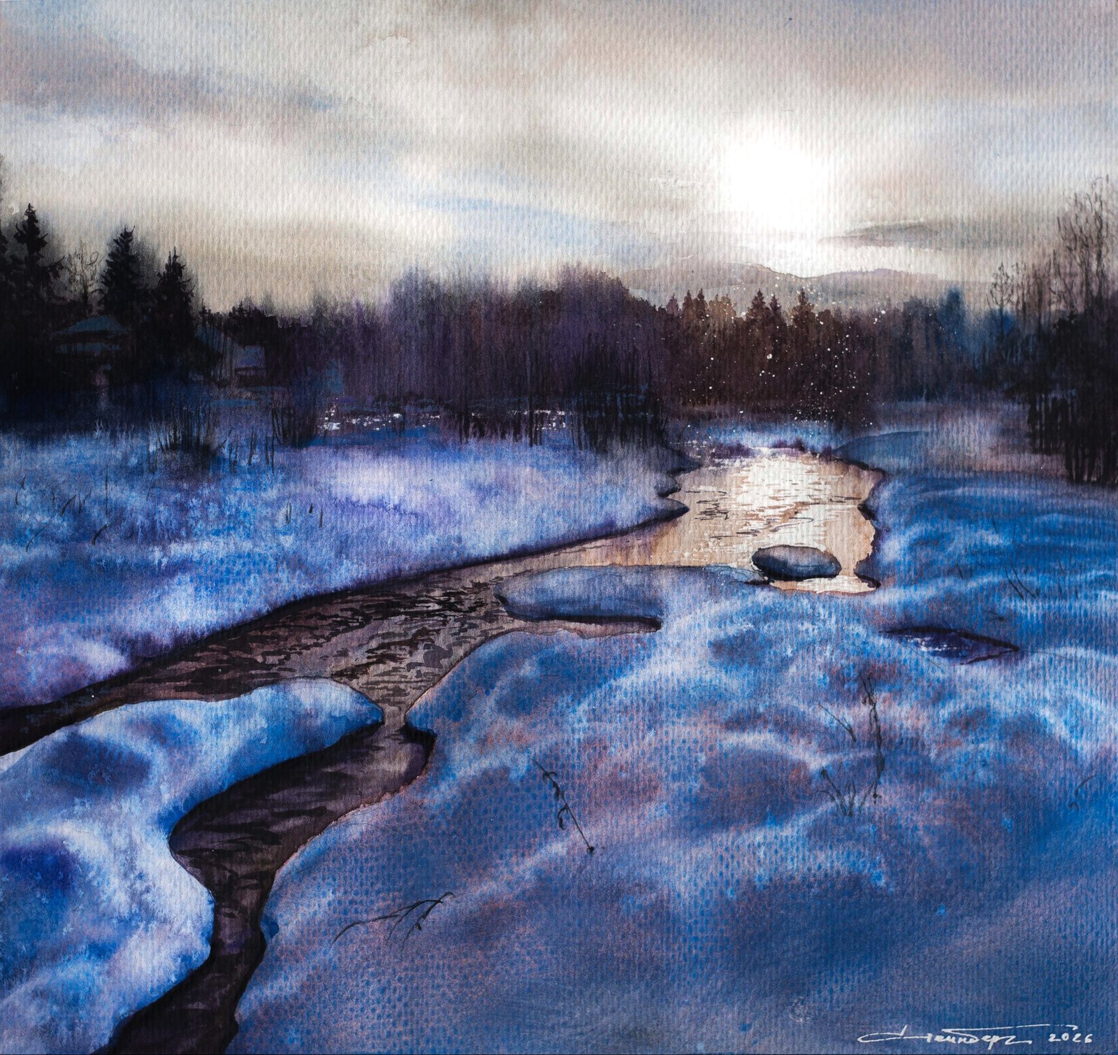 Картина «Зимняя речка на исходе дня» — Юлия Стейнберг, Пейзаж, аукцион Artstore