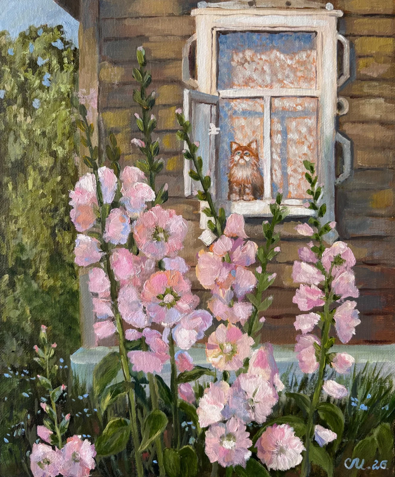 Картина «Мальвы и котенок» — Марина Сметанина, Жанровая живопись, аукцион Artstore