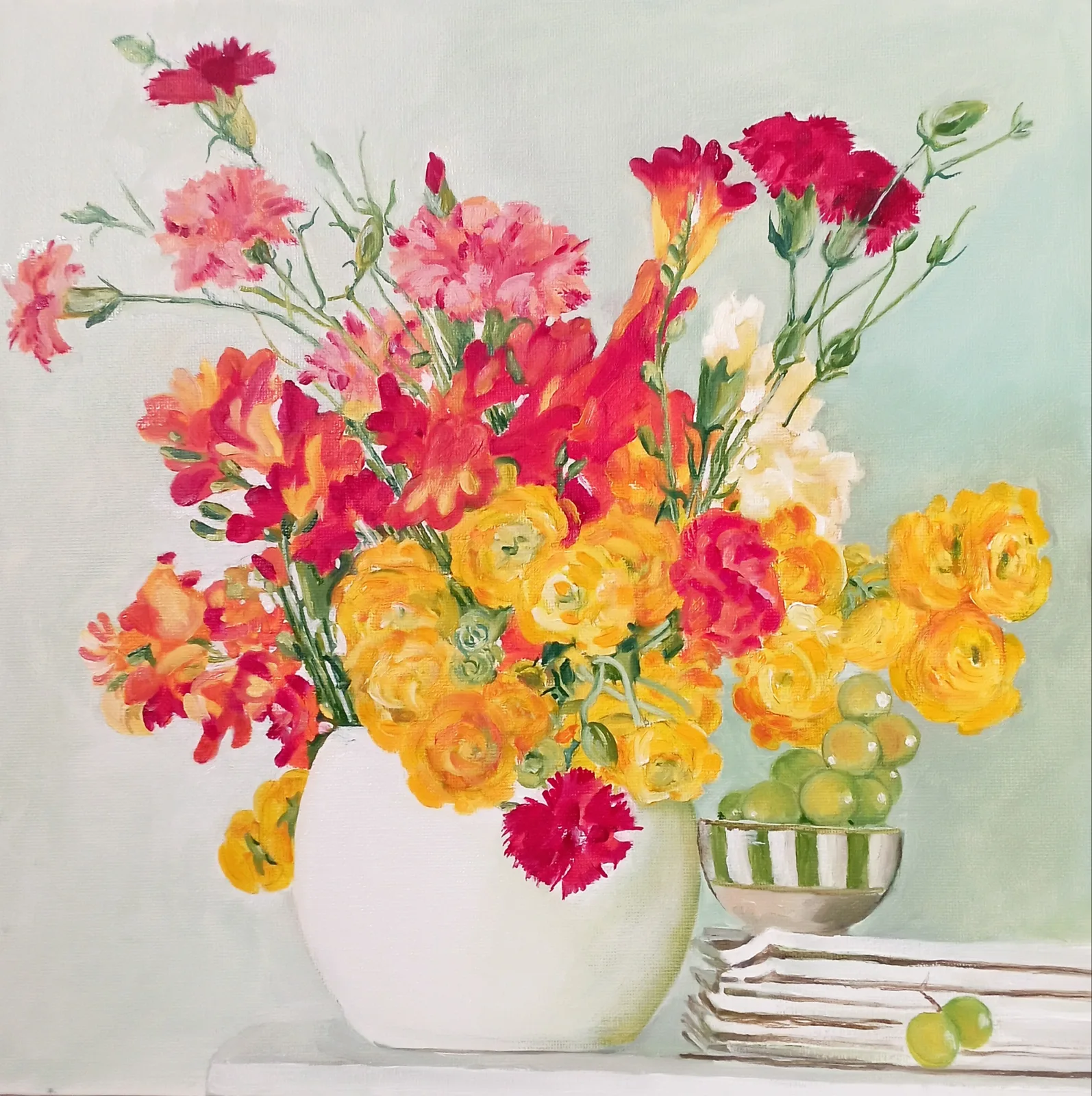 Картина «Гвоздики, ранункулюс, фрезии.» — Татьяна Мельгунова, Натюрморт, аукцион Artstore