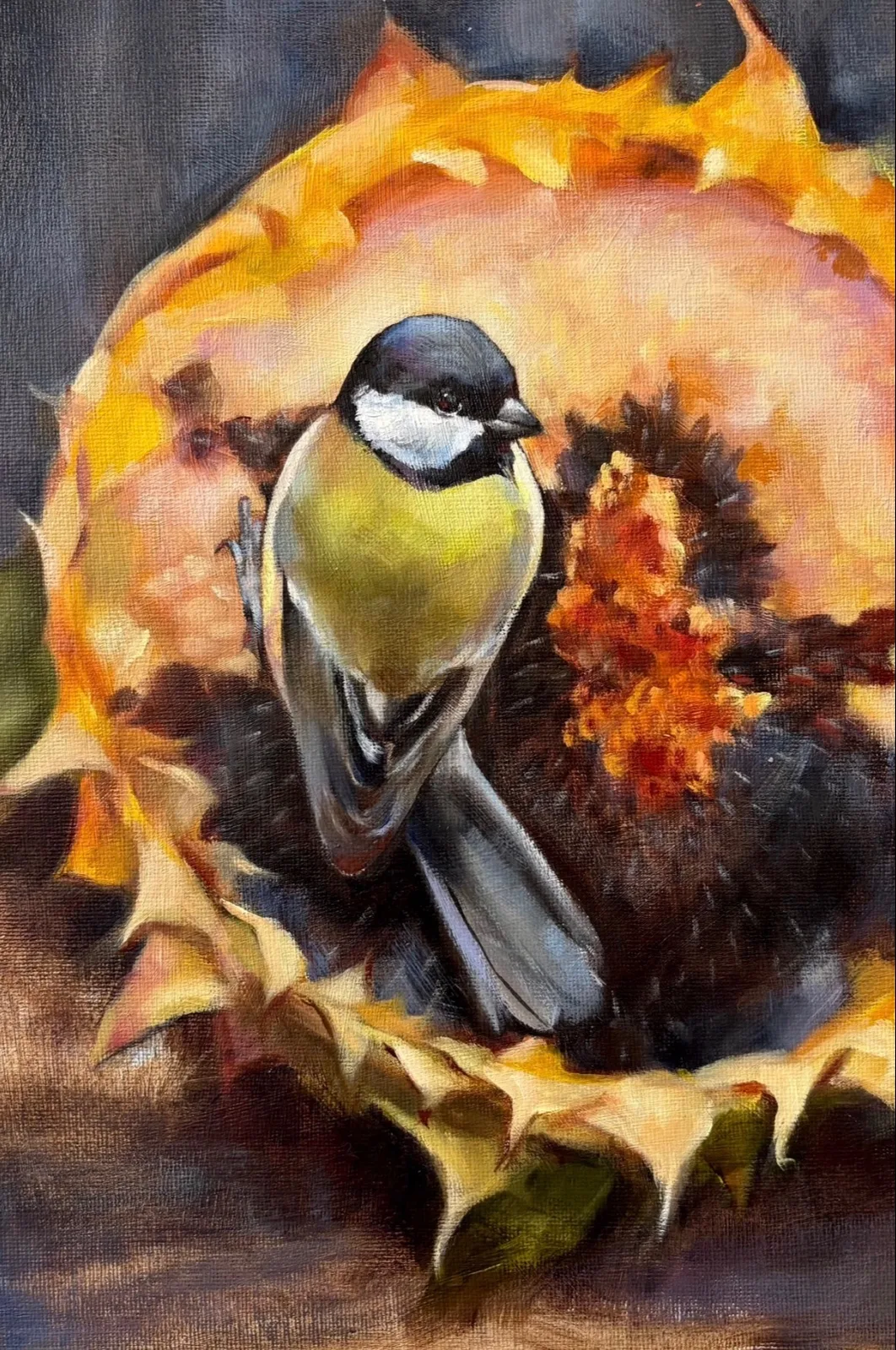 Картина ««Синичка на подсолнухе»» — Екатерина Терентьева, Анималистика, аукцион Artstore