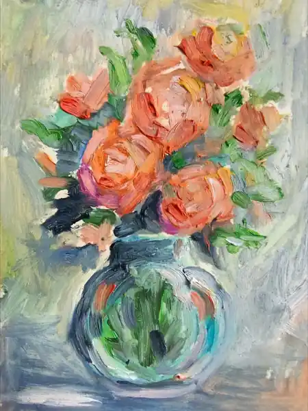 Букет с розами маслом 15*21 см.